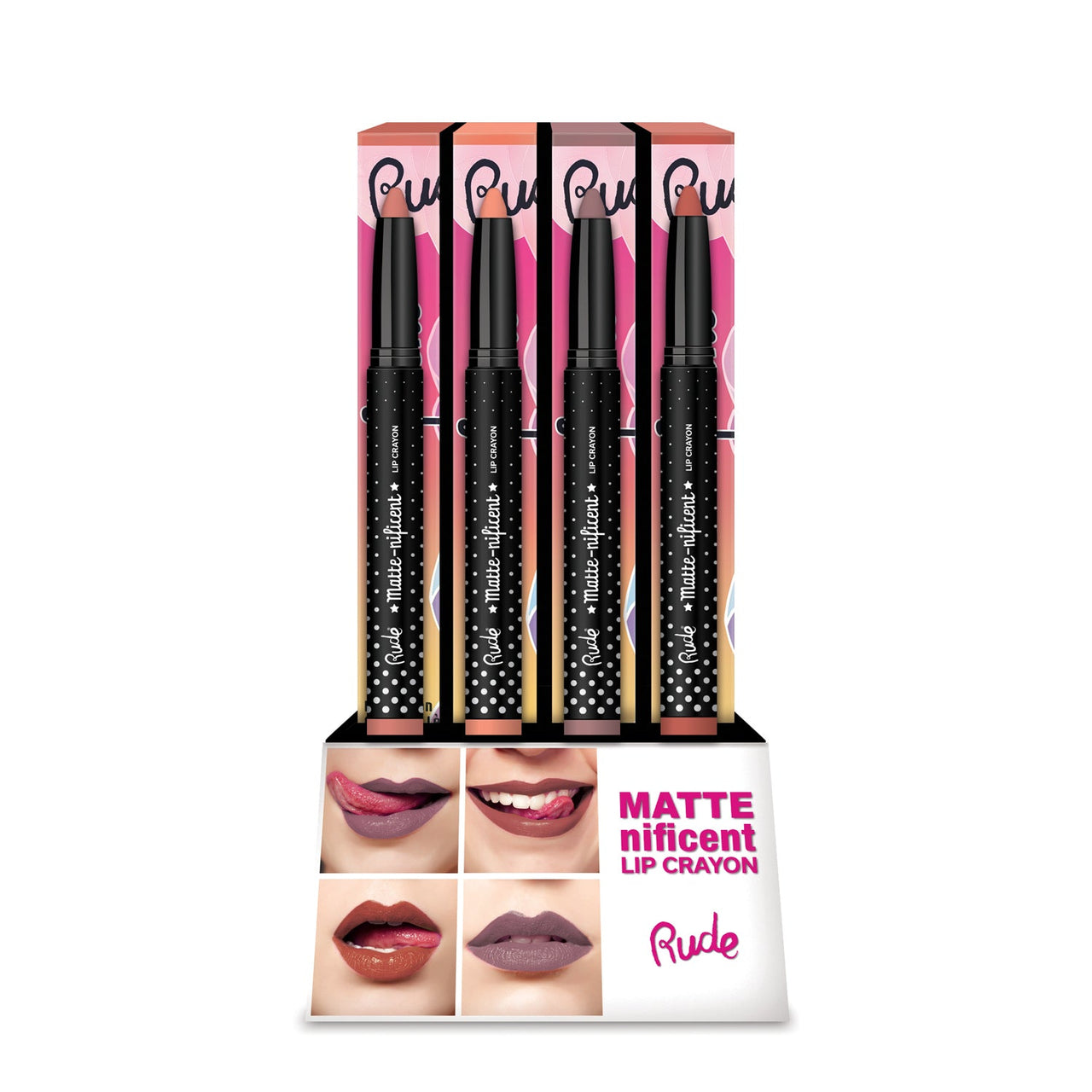 RUDE Matte-nificent Lip Crayon Acrylic Display Set, 48 Pieces + 4 Testers