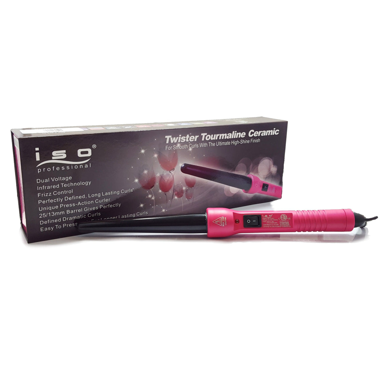 25-13mm Tapered Tourmaline Ceramic Curling Iron Clipless Hair Twister With Protective Glove Pink Black