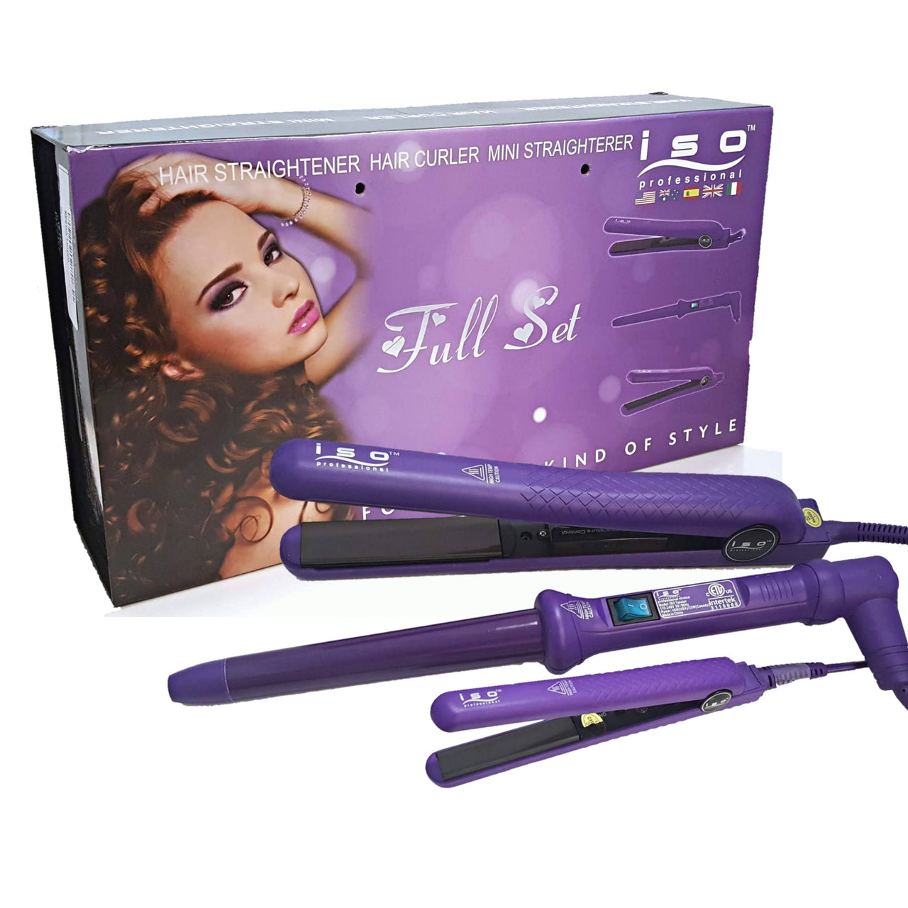 Hair Styling Set 1.25" Hair Straightener, Curling Iron Wand and Mini Flat Iron Solid Purple