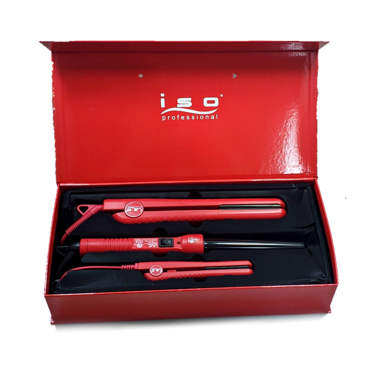 Hair Styling Set 1.25" Hair Straightener, Curling Iron Wand and Mini Flat Iron Set Red