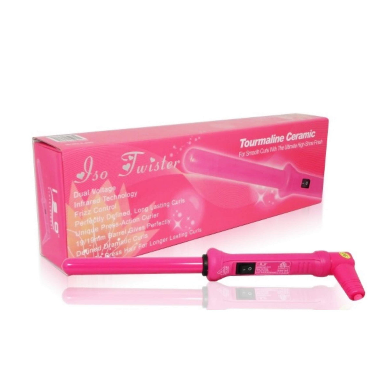 19mm Tourmaline Ceramic Curling Iron Clipless Hair Twister Pink with Protective Glove