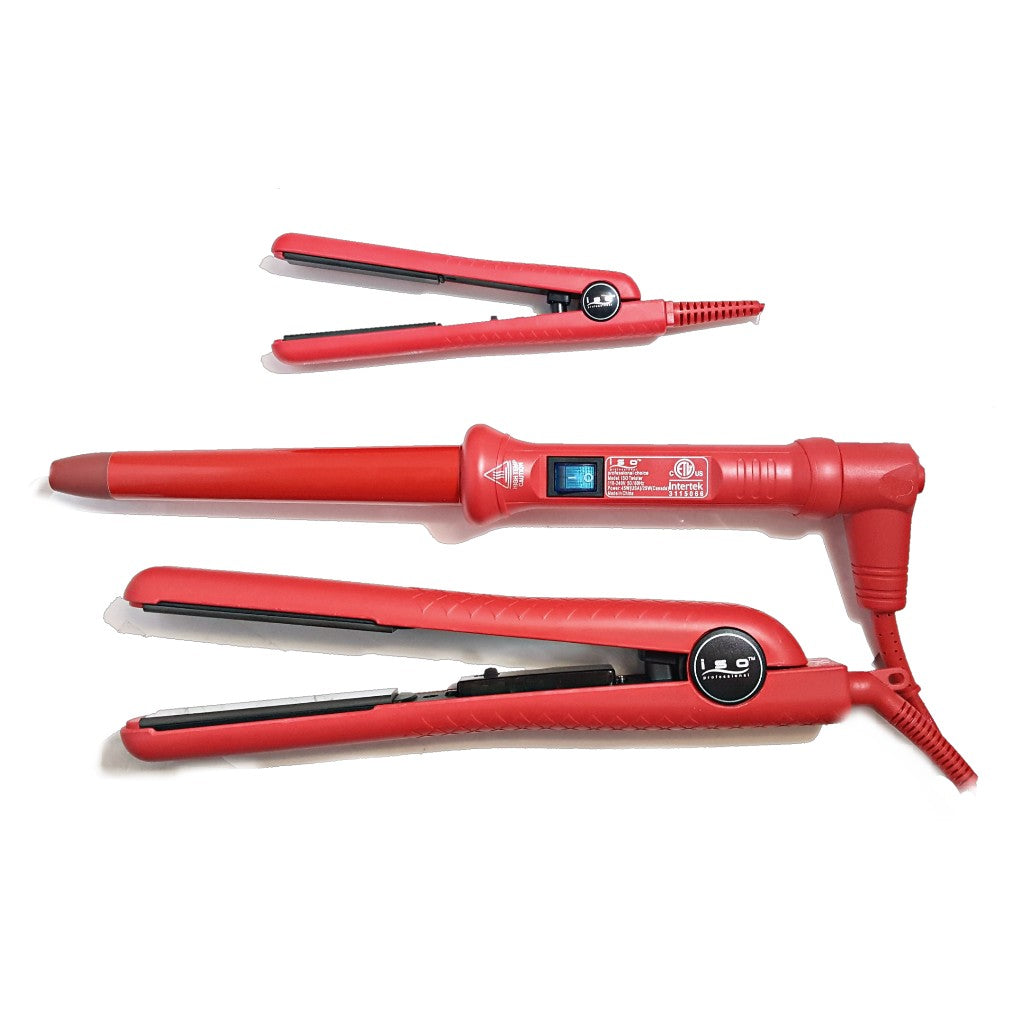 Hair Styling Set 1.25" Hair Straightener, Curling Iron Wand and Mini Flat Iron Set Solid Red