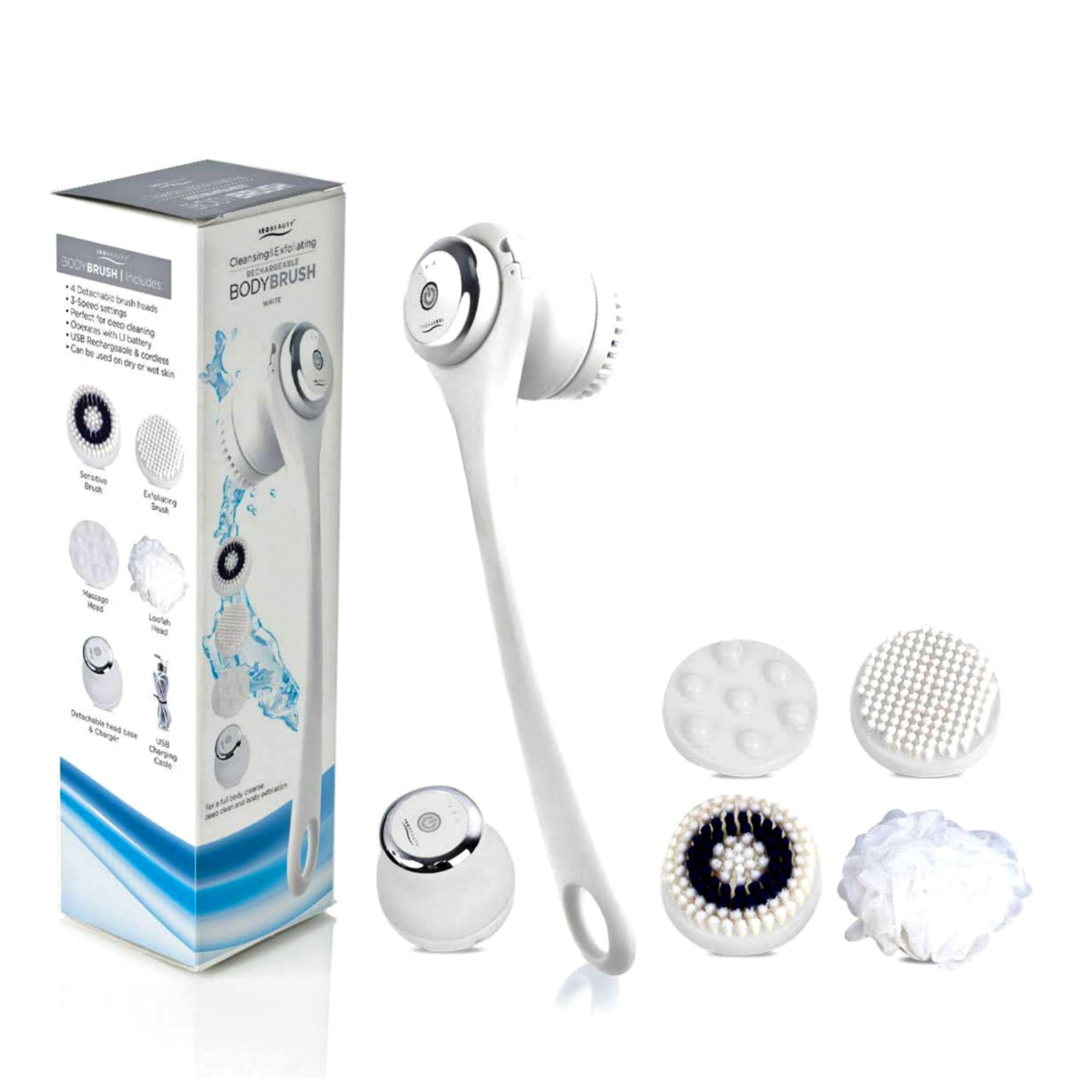 Wireless Waterproof Cleansing and Exfoliating Body Brush Set with 3 Speed 4 Brush Heads Bright White