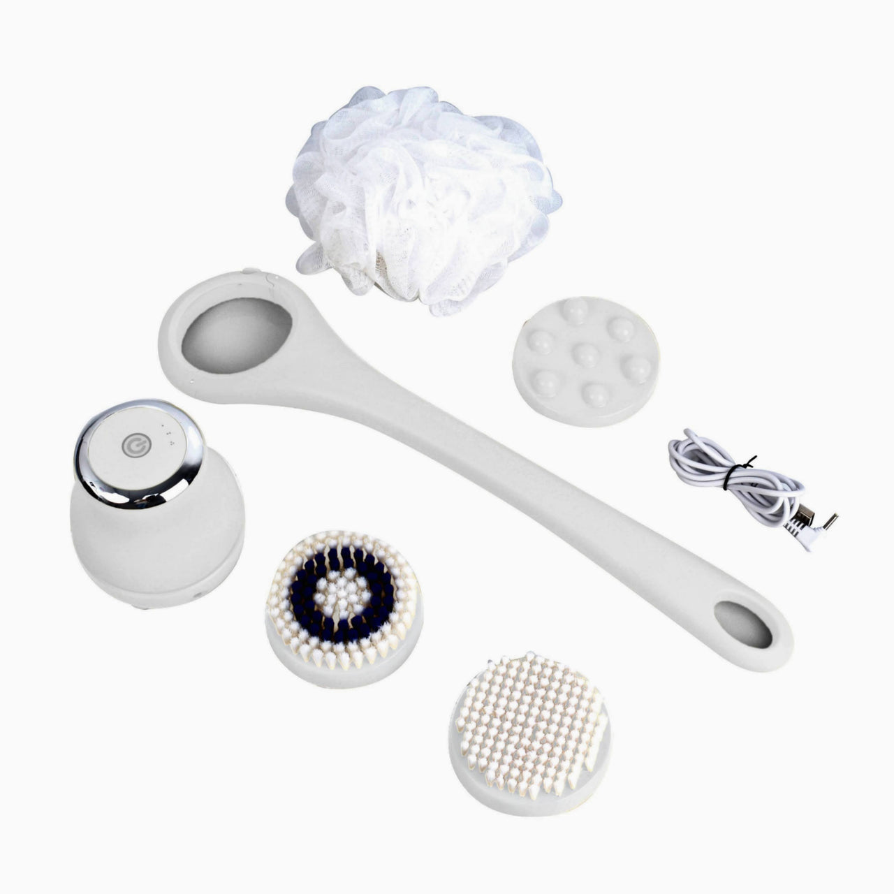 Wireless Waterproof Cleansing and Exfoliating Body Brush Set with 3 Speed 4 Brush Heads Bright White