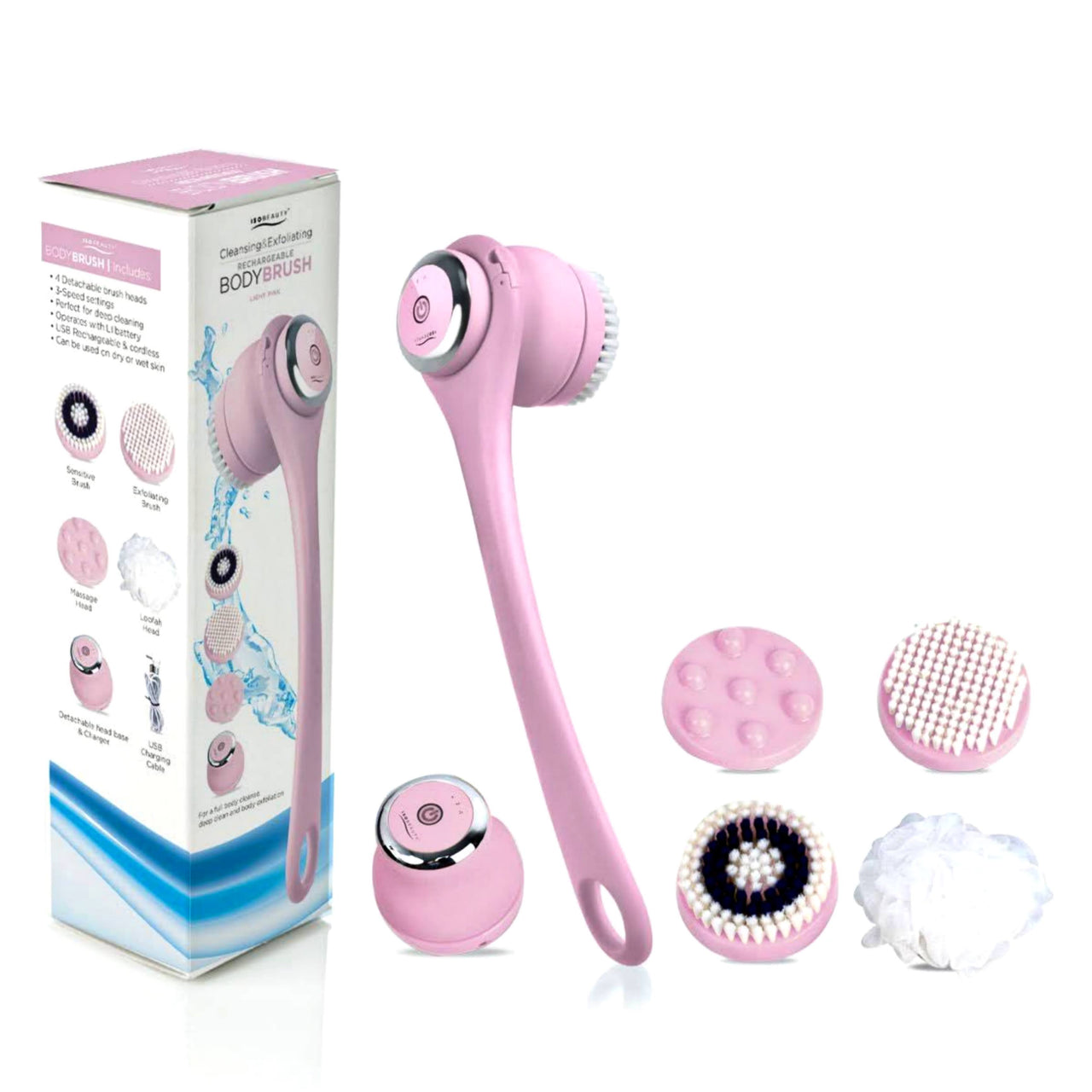 Wireless Waterproof Cleansing and Exfoliating Body Brush Set with 3 Speed 4 Brush Heads Light Pink