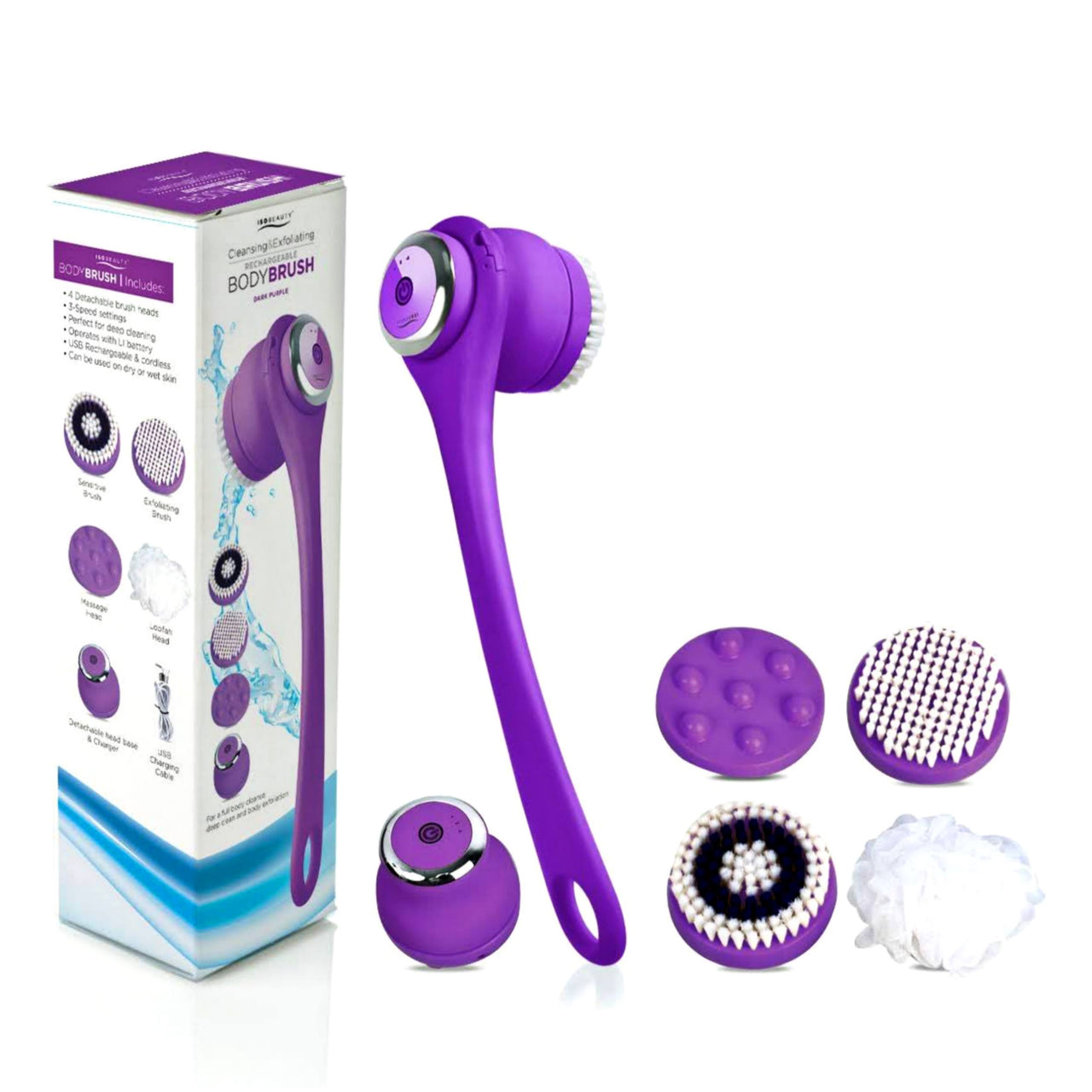 Wireless Waterproof Cleansing and Exfoliating Body Brush Set with 3 Speed 4 Brush Heads Deep Purple