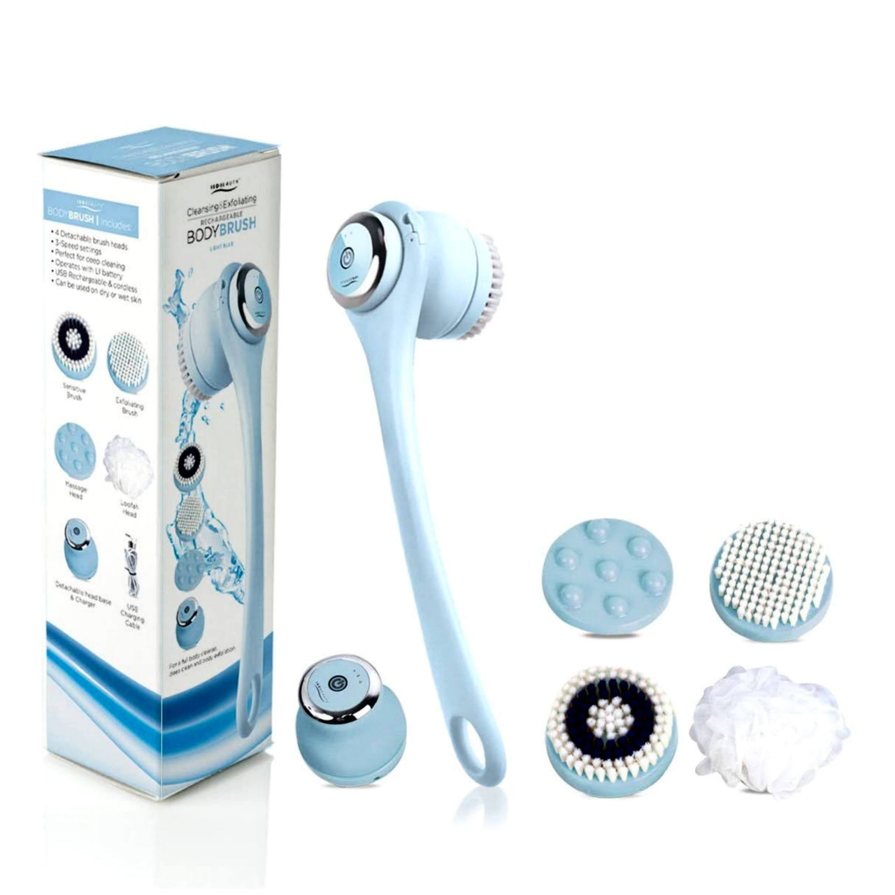 Wireless Waterproof Cleansing and Exfoliating Body Brush Set with 3 Speed 4 Brush Heads Light Blue