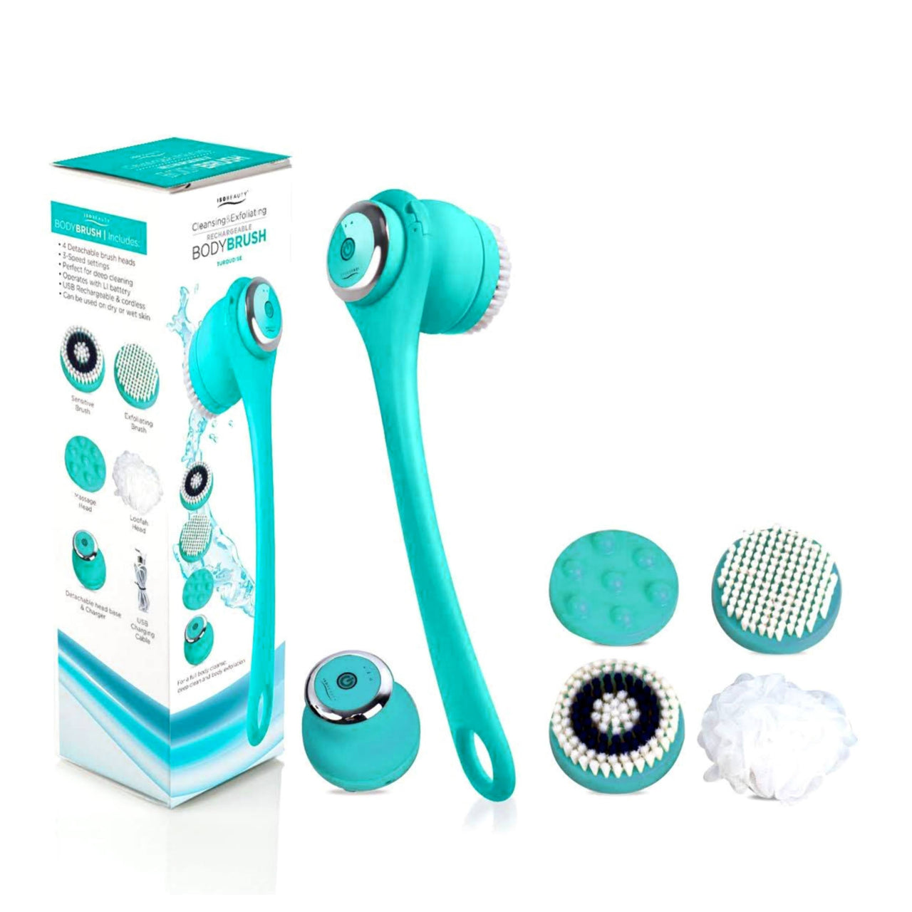 Wireless Waterproof Cleansing and Exfoliating Body Brush Set with 3 Speed 4 Brush Heads Turquoise