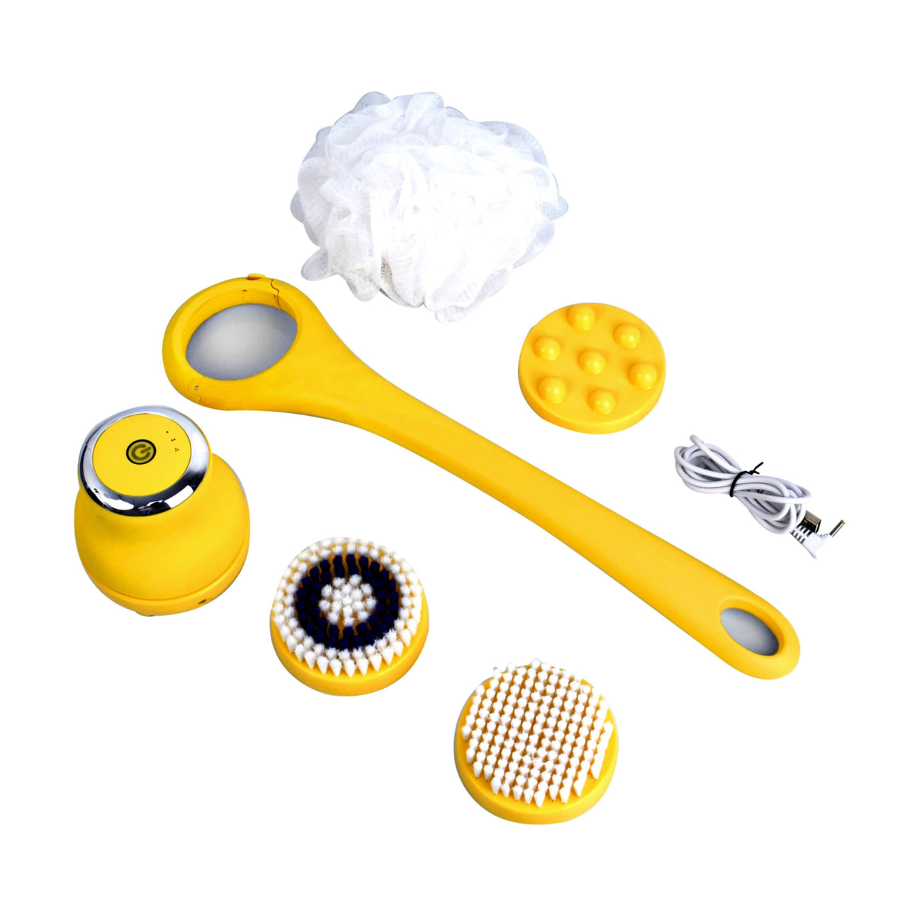 Wireless Waterproof Cleansing and Exfoliating Body Brush Set with 3 Speed 4 Brush Heads Yellow