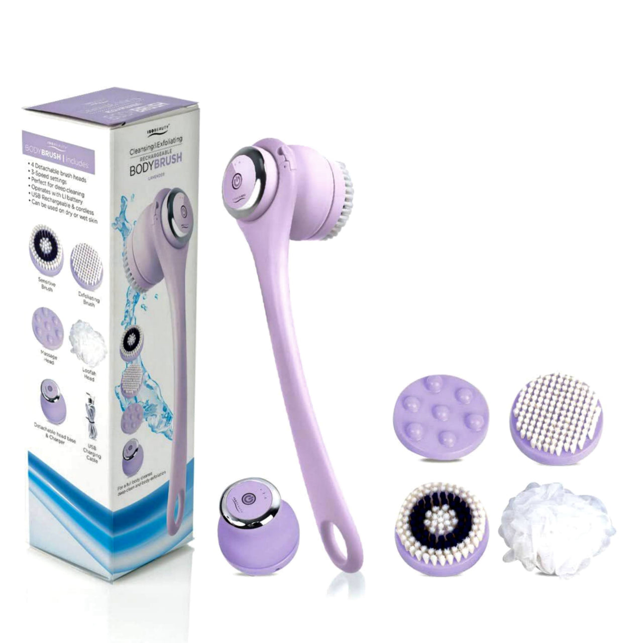 Wireless Waterproof Cleansing and Exfoliating Body Brush Set with 3 Speed 4 Brush Heads Lavender