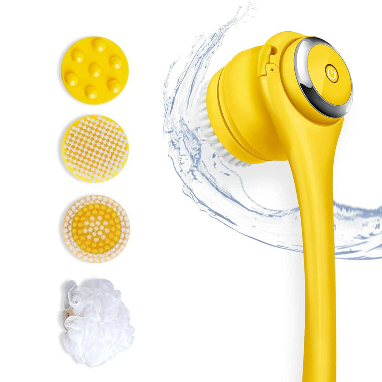 Wireless Waterproof Cleansing and Exfoliating Body Brush Set with 3 Speed 4 Brush Heads Yellow