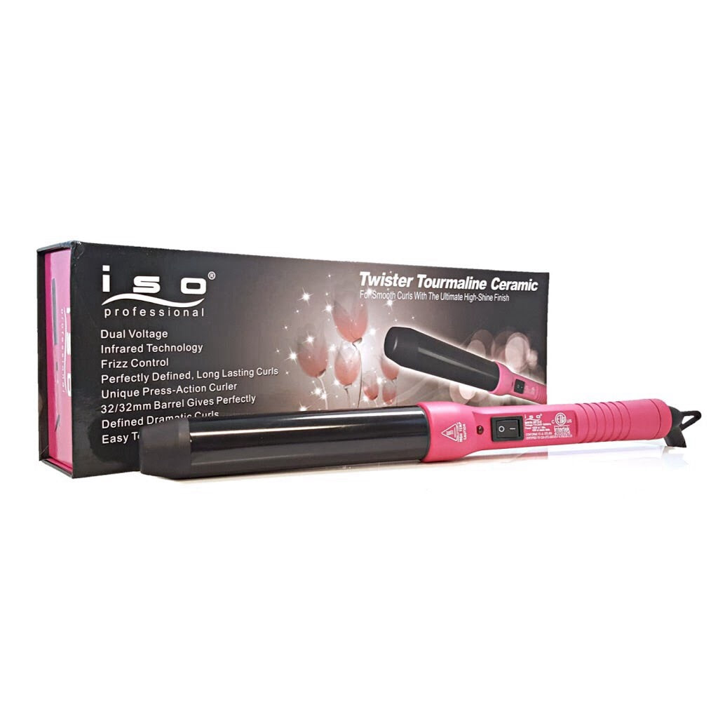 32mm Tapered Tourmaline Ceramic Cool Tip Curling Iron Clipless Hair Twister With Protective Glove Pink Black