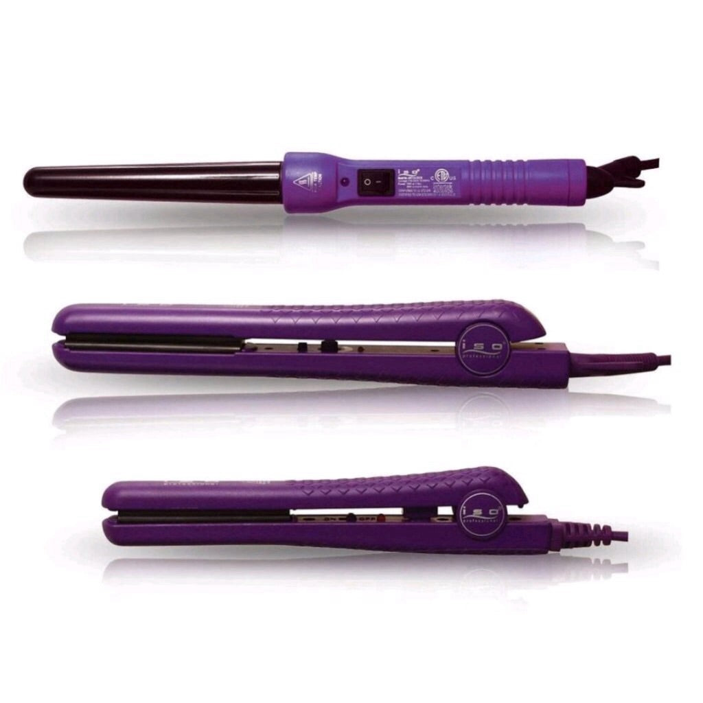 Hair Styling Set 1.25" Hair Straightener, Curling Iron Wand and Mini Flat Iron Set Purple