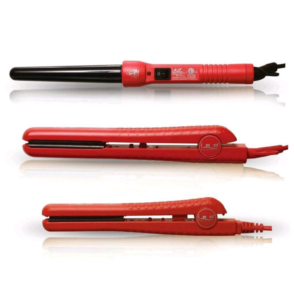 Hair Styling Set 1.25" Hair Straightener, Curling Iron Wand and Mini Flat Iron Set Red